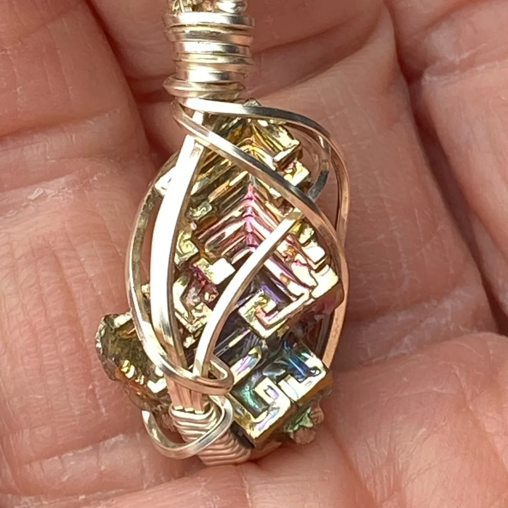 Artist Silver Wire cage wrapped pendant rainbow iridescent geometric bismuth